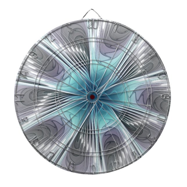 Elegance Modernes Blue Grau Weiß Fraktal Blume Dartscheibe (vorne)