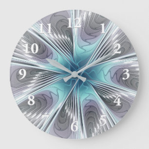 Elegance Modernes Blue Grau Weiß Fraktal Blume Große Wanduhr