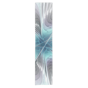 Elegance Modernes Blue Grau Weiß Fraktal Blume Kurzer Tischläufer