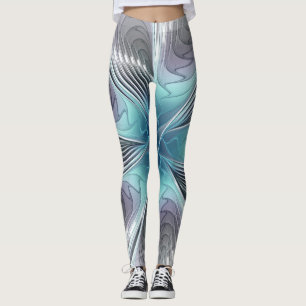 Elegance Modernes Blue Grau Weiß Fraktal Blume Leggings
