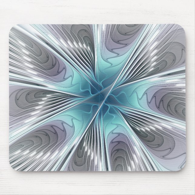Elegance Modernes Blue Grau Weiß Fraktal Blume Mousepad (Vorne)