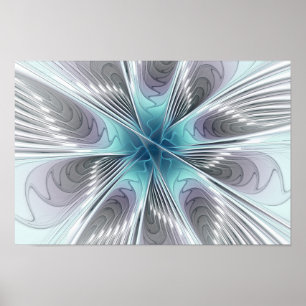 Elegance Modernes Blue Grau Weiß Fraktal Blume Poster