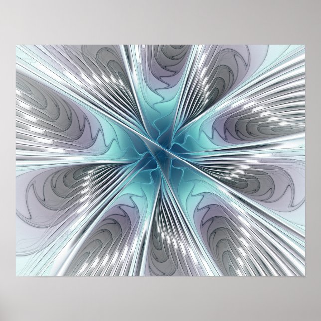 Elegance Modernes Blue Grau Weiß Fraktal Blume Poster (Vorne)