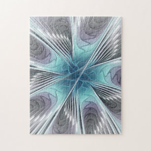 Elegance Modernes Blue Grau Weiß Fraktal Blume Puzzle