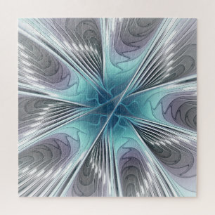 Elegance Modernes Blue Grau Weiß Fraktal Blume Puzzle