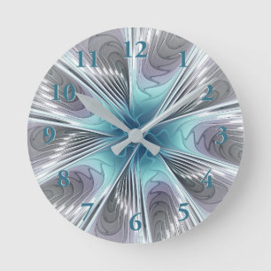 Elegance Modernes Blue Grau Weiß Fraktal Blume Runde Wanduhr