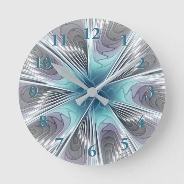 Elegance Modernes Blue Grau Weiß Fraktal Blume Runde Wanduhr (Vorderseite)