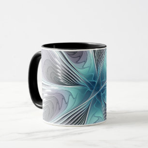 Elegance Modernes Blue Grau Weiß Fraktal Blume Tasse