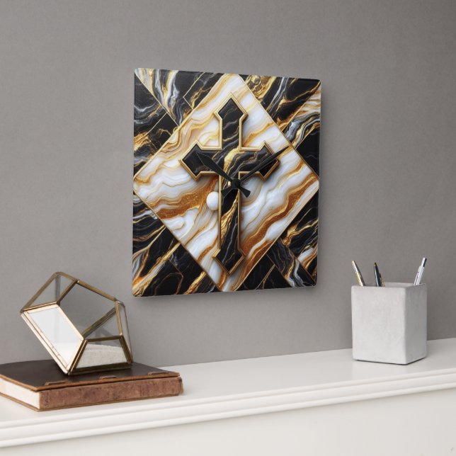 Elegance Monochrome Keramik Muster Gilded Touchs Quadratische Wanduhr (Büro)