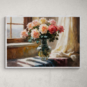 Elegance: Rose durch das Fenster Poster