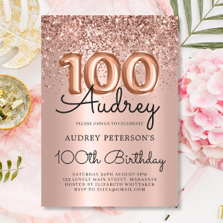 Elegance Rose Gold Glitzer Ballon 100. Geburtstag Einladung