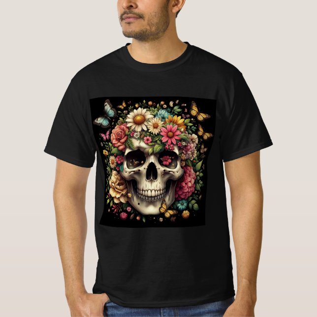 Elegancia Mortal: Calavera Floral T-Shirt (Vorderseite)