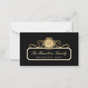 Eleganfamilie Wiedersehen Gold Monogram Black Mitteilungskarte