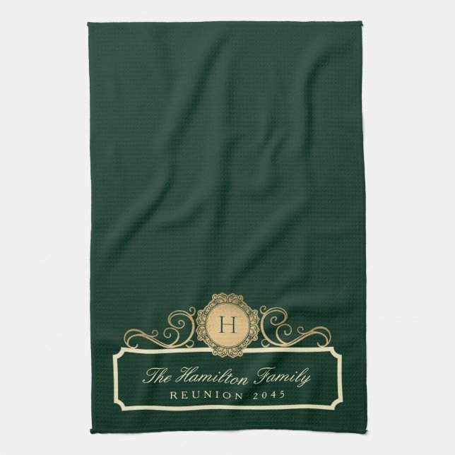 Eleganfamilie Wiedersehen Gold Monogram Green Geschirrtuch (Vertikal)