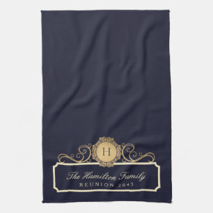 Eleganfamilie Wiedersehen Gold Monogram Navy Geschirrtuch