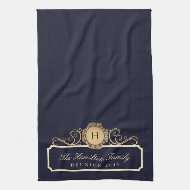 Eleganfamilie Wiedersehen Gold Monogram Navy Geschirrtuch (Vertikal)