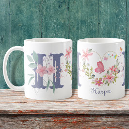 Eleganfarbene Blütenschmetterlingsmonogramm H Kaffeetasse
