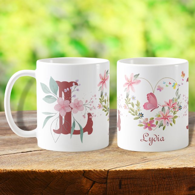 Eleganfarbenes Floral Butterfly Monogramm L Kaffeetasse (Von Creator hochgeladen)