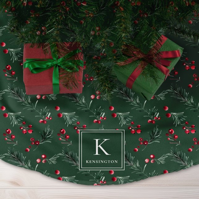 Eleganforest Green Botanical Christmas Monogram Polyester Weihnachtsbaumdecke (Elegant Forest Green Botanical Christmas Monogram Brushed Polyester Tree Skirt)
