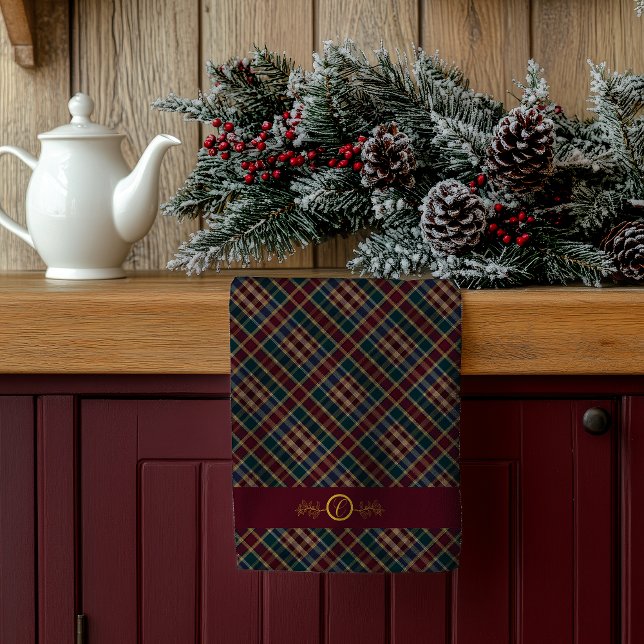 Elegangoldmonogramm Kariert - Cranberry Blue Aquam Geschirrtuch (Elegant Gold Monogram Holly and Berries with Dark Rich Plaid Christmas Holiday Kitchen Towel)