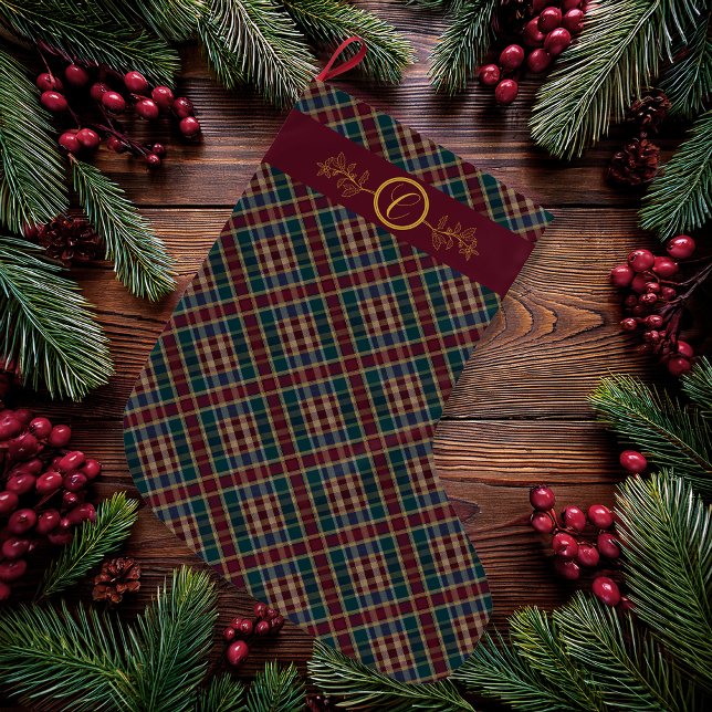Elegangoldmonogramm Kariert - Cranberry Blue Aquam Großer Weihnachtsstrumpf (Elegant Gold Monogram Holly and Berries with Dark Rich Plaid Christmas Holiday Stocking - Large)