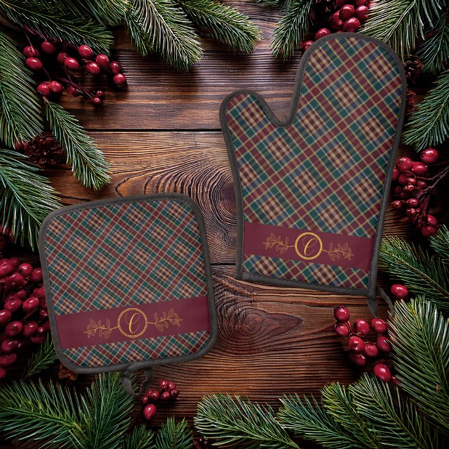 Elegangoldmonogramm Kariert - Cranberry Blue Aquam Ofenhandschuh & Topflappen-Set (Elegant Gold Monogram Holly and Berries Dark Rich Plaid Christmas Holiday  Oven Mitt | Pot Holder)