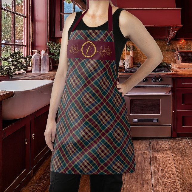 Elegangoldmonogramm Kariert - Cranberry Blue Aquam Schürze (Elegant Gold Tone Holly and Berries Monogram Cranberry, Dk Blue, Teal Plaid Christmas Holiday Apron)