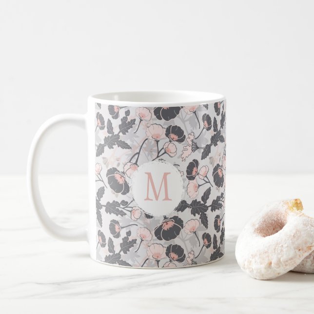 Eleganine Feminine Pink Gray Blume Monogramm Kaffeetasse (Mit Donut)