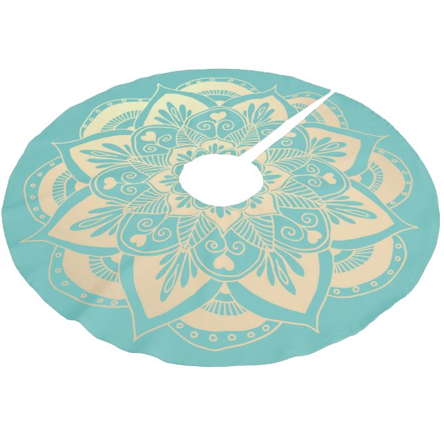 EleganLight Aquamarin und Gold Mandala Boho Weihna Polyester Weihnachtsbaumdecke (Schrägansicht)