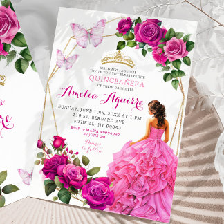 Eleganpink Fuchsia Butterfly Floral Quinceñera Einladung