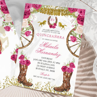 Eleganpink Fuchsia Rote Rose Charra Quinceañera Einladung