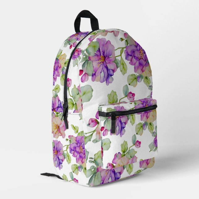 Eleganrosa lila Aquarellblüte Bedruckter Rucksack (Rückseitige Ecke links)