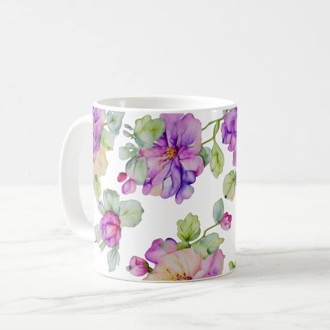 Eleganrosa lila Aquarellblüte Kaffeetasse (Vorderseite Links)