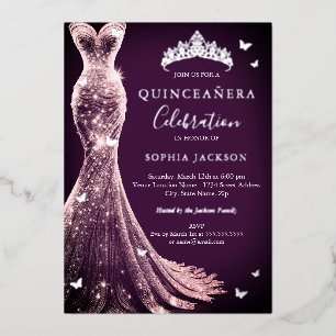 Eleganrosa Lila Silberschmetterling Quinceanera Folieneinladung