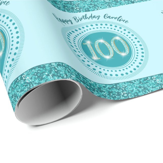 Elegant 100. Geburtstag Aquamarin Blue Glitzer & S Geschenkpapier (Rolleneckpunkt)