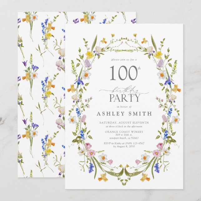 Elegant 100. Geburtstagsparty Floral Wasserfarbe Einladung (Vorne/Hinten)