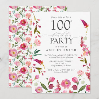 Elegant 100. Rosa Aquarellfarbe Blumengeburt Einladung