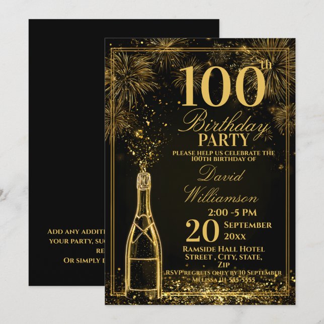 Elegant 100th Birthday Gold Bottle Fizz Einladung (Vorne/Hinten)