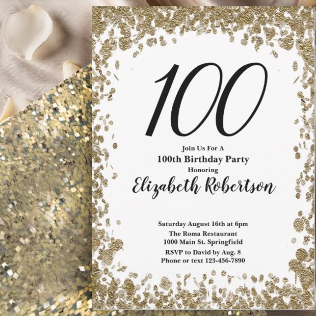 Elegant 100th Birthday Invitation For Her in Gold Einladung (Von Creator hochgeladen)