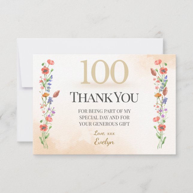 Elegant 100th Birthday – Wildflowers Design Dankeskarte (Vorderseite)