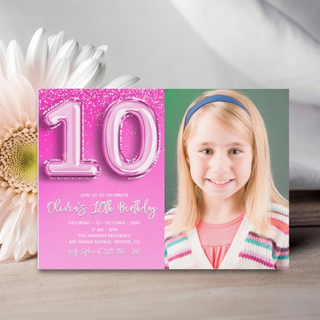Elegant 10th Birthday girl with photo Numer Ballon Einladung (Von Creator hochgeladen)