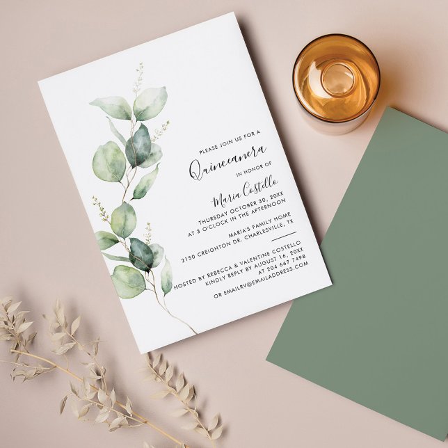 Elegant 15. Geburtstag Eukalyptus Quinceanera Einladung (Quinceanera Greenery Watercolor 15th Birthday Party Invitation)