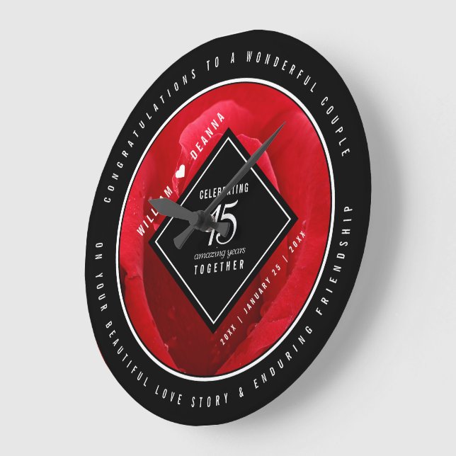 Elegant 15th Rose Wedding Anniversary Große Wanduhr (Winkel)