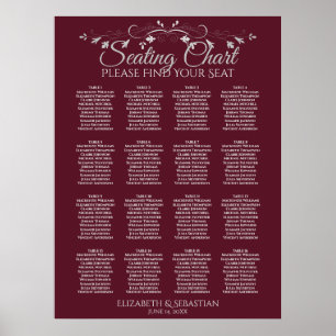 Elegant 16 Table Burgundy Wedding Seating Chart Poster