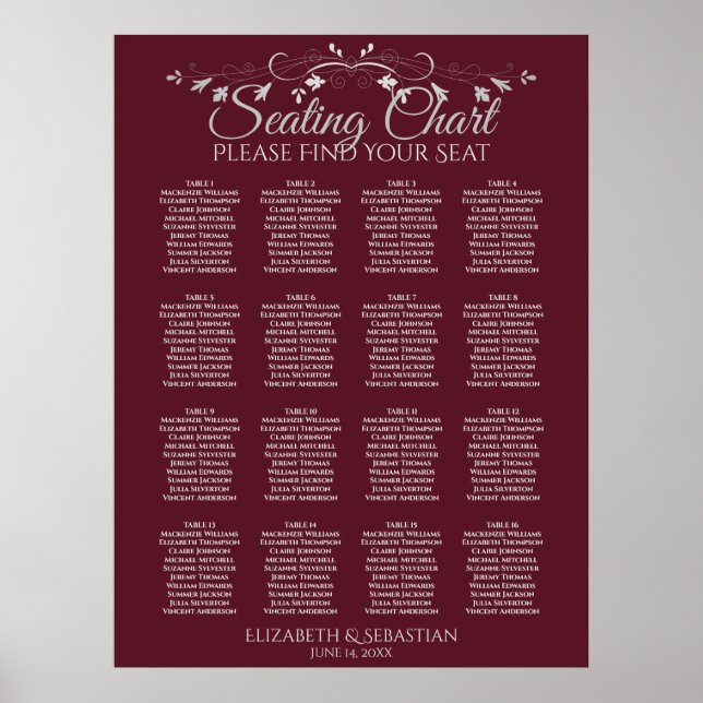 Elegant 16 Table Burgundy Wedding Seating Chart Poster (Vorne)