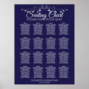 Elegant 16 Table Navy Blue Wedding Seating Chart Poster
