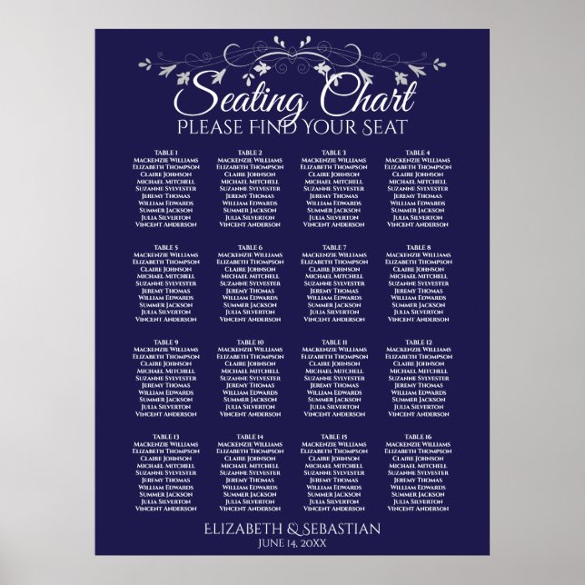 Elegant 16 Table Navy Blue Wedding Seating Chart Poster (Vorne)