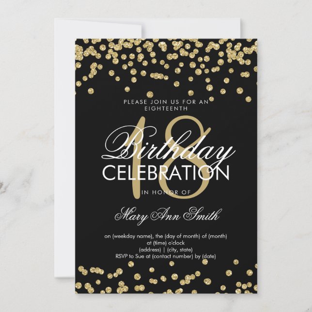 Elegant 18. Geburtstag Gold Glitzer Confetti Black Einladung (Vorderseite)