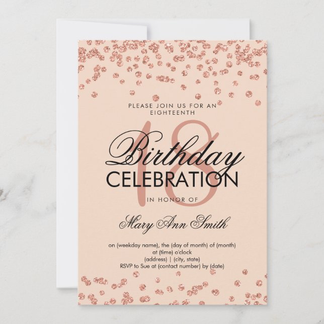 Elegant 18. Geburtstag Rose Gold Glitzer Confetti Einladung (Vorderseite)