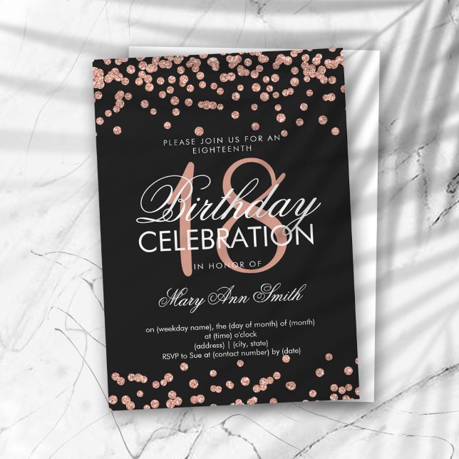 Elegant 18. Geburtstag Rose Gold Glitzer Confetti Einladung (Von Creator hochgeladen)